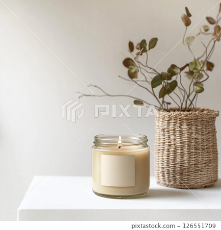 A lit candle sits next to a planter with green leaves. 126551709
