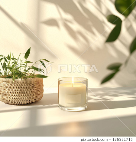A lit candle sits next to a planter with green leaves. A lit candle sits next to a planter with green leaves. 126551715