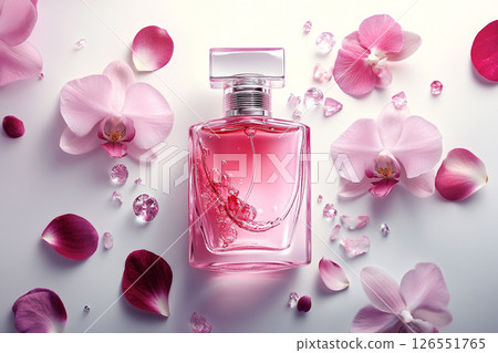 A pink perfume bottle sits among orchids, creating an elegant and luxurious aesthetic. A pink perfume bottle sits among orchids, creating an elegant and luxurious aesthetic. 126551765
