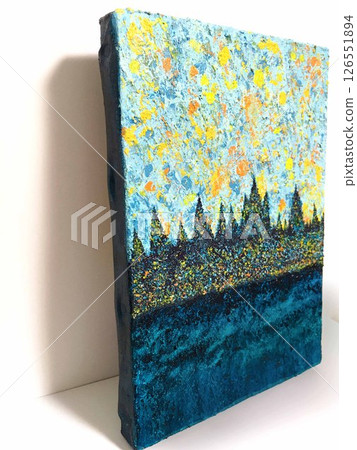 An abstract painting depicting the sea, a sunrise sky, and many castles 126551894