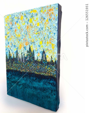 An abstract painting depicting the sea, a sunrise sky, and many castles An abstract painting depicting the sea, a sunrise sky, and many castles 126551931