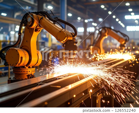 Factory of the Future: Industrial AI Robot Arms Working and Splashing Sparks - Productivity through Automation and Precision 126552240