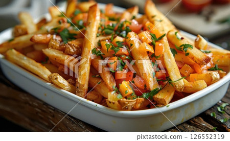 Fast food dish of french fries and vegetables in a white bowl on a wooden table Fast food dish of french fries and vegetables in a white bowl on a wooden table 126552319