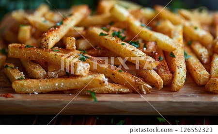 Wooden cutting board showcasing French fries topped with parsley Wooden cutting board showcasing French fries topped with parsley 126552321