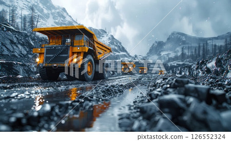 Vehicle moving on dirt road in coal mine landscape 126552324