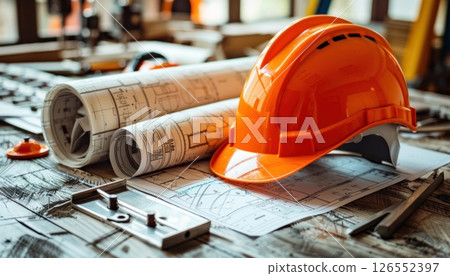 Construction Drawings on a Safety Helmet Table: Preparing for Labor Creations 126552397
