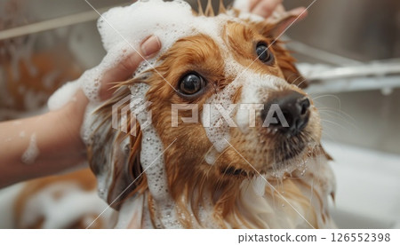 Dog in the bathroom enjoying grooming 126552398