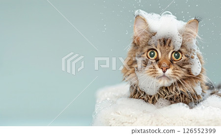Plush Cat with Soap Suds: Playful Petting in the Bathroom 126552399
