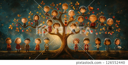 Cartoon characters on branches make up a family tree in a textile painting Cartoon characters on branches make up a family tree in a textile painting 126552440