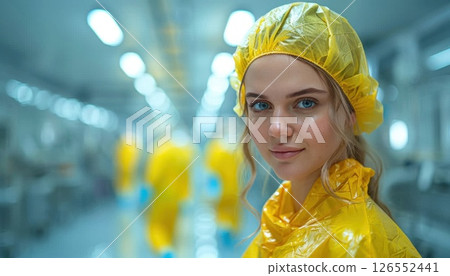 A happy woman in a yellow raincoat and cap at a public event A happy woman in a yellow raincoat and cap at a public event 126552441