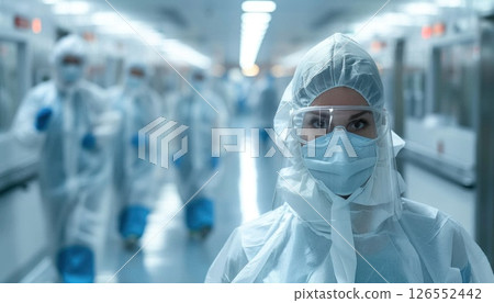 A woman in electric blue PPE stands in a hospital hallway 126552442