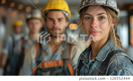 Squad of construction workers in military uniforms standing on site 126552444