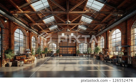 Symmetrical hall with wooden flooring, windows, and roof Symmetrical hall with wooden flooring, windows, and roof 126552474