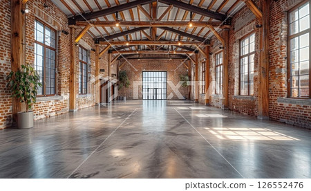 Spacious building with numerous windows, brick wall, and empty space 126552476