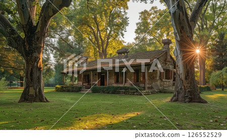 Sunlight filters through trees in front of a house, illuminating the landscape Sunlight filters through trees in front of a house, illuminating the landscape 126552529