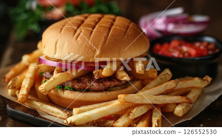 Fast food combo hamburger and French fries on a wooden table Fast food combo hamburger and French fries on a wooden table 126552530