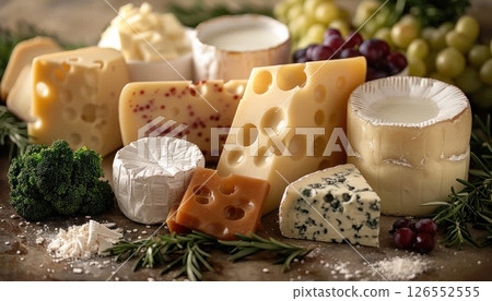 Assortment of cheeses and grapes beautifully displayed on a table Assortment of cheeses and grapes beautifully displayed on a table 126552555