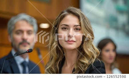A happy woman with long blond hair sits in front of a microphone at an event 126552598