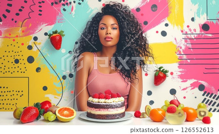 A woman with black hair looks happy sitting at a table with cake and fruit 126552613