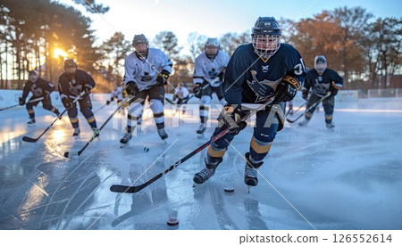 Hockey players on the ice playing a game with sports gear 126552614