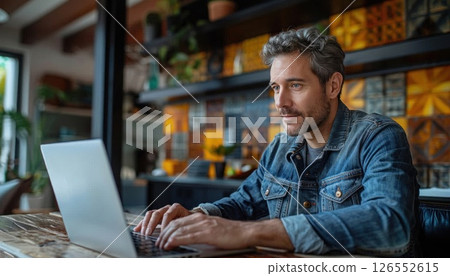 A man is at a table using a laptop computer in a building 126552615