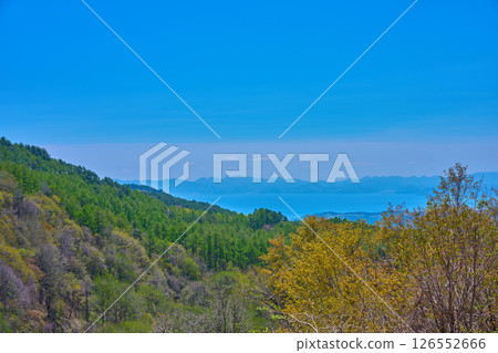 A view of the south side from Mount Bandai Gold Line (Nametaki Observatory) in Bandai Town, Fukushima Prefecture, with fresh greenery (Lake Inawashiro and the mountains surrounding the lake) A view of the south side from Mount Bandai Gold Line (Nametaki Observatory) in Bandai Town, Fukushima Prefecture, with fresh greenery (Lake Inawashiro and the mountains surrounding the lake) 126552666
