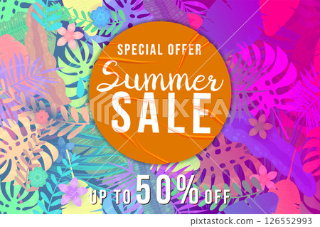 Summer Sale Template background colorful tropical plants, flowers and leaves 126552993