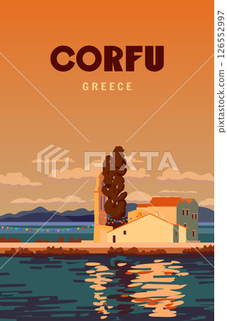Poster Travel Greece island Corfu Vlacherna Monastery, port of Kanoni 126552997