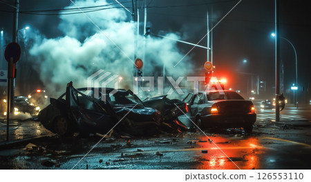 A damaged car on the road after a collision. The concept of traffic accidents, road safety, emergency response, and the consequences of reckless driving. Generative AI. 126553110