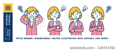 Worried, confused, troubled, female office worker vector illustration set_Line width can be edited 126553392