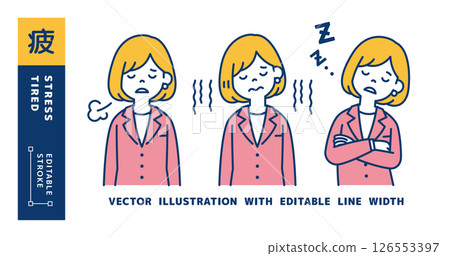 具有負面形象的女性辦公室職員向量插圖集_線寬可編輯 126553397