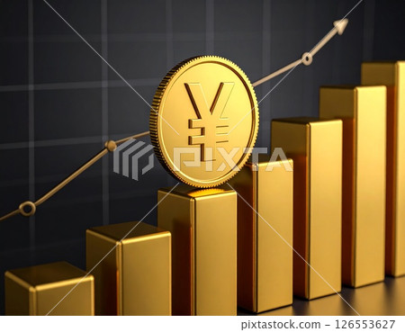 蓬勃發展的日本經濟：金幣和上升的 3D 長條圖——象徵成長和繁榮的視覺效果 126553627