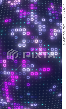 Digital purple matrix of glowing squares on a soft curved grid, creating a futuristic display 126554214