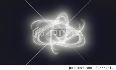 White glowing trinity-shaped swirl with interwoven energy loops emitting a soft radiant aura on a dark minimal backdrop 126554219