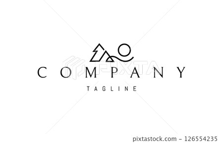 Vector logo with an abstract image of a pine tree and a mountain with the sun and a wave. Vector logo with an abstract image of a pine tree and a mountain with the sun and a wave. 126554235