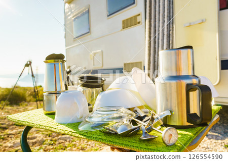 Clean dishes drying on fresh air, capming outdoor 126554590