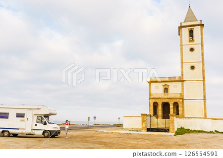 Caravan and church San Miguel, Cabo de Gata, Spain 126554591