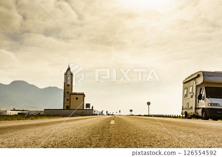 Caravan and church San Miguel, Cabo de Gata, Spain 126554592