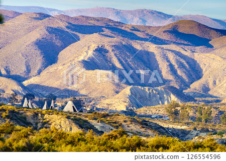 Tabernas desert and Indian village wigwams at Western Leone, Spain Tabernas desert and Indian village wigwams at Western Leone, Spain 126554596