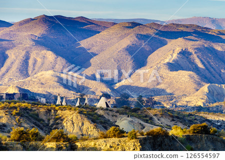 Tabernas desert and Indian village wigwams at Western Leone, Spain 126554597