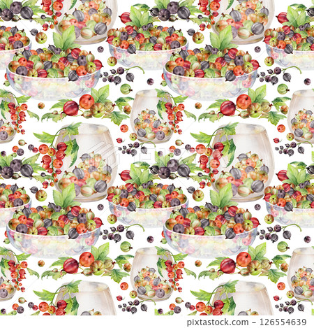 Currant gooseberry with leaves in glass bowls,, scattered ripe picked berry harvest juneberry casseille jostaberry. Isolated seamless pattern hand drawn in watercolor. Scrapbooking, washi tape, cover 126554639