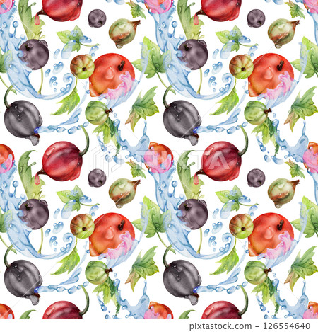 Currant gooseberry flying in water splash with green leaves and dew drops, ripe garden berry casseille juneberry jostaberry hand drawn in watercolor. Isolated seamless pattern. Fabric, wrapping paper 126554640