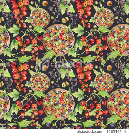Currant gooseberry in clusters, leaves on ceramic dish hand drawn in watercolor, ripe garden berry harvest, casseille jostaberry. Seamless pattern isolated on dark. Organic food packaging, eco textile Currant gooseberry in clusters, leaves on ceramic dish hand drawn in watercolor, ripe garden berry harvest, casseille jostaberry. Seamless pattern isolated on dark. Organic food packaging, eco textile 126554644