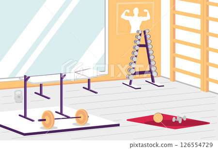 Cartoon Color Gym Interior Inside with Different Types Sports Gear for Bodybuilding Training Concept. Vector illustration Cartoon Color Gym Interior Inside with Different Types Sports Gear for Bodybuilding Training Concept. Vector illustration 126554729