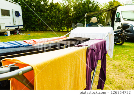 Clothes hanging to dry outdoor at caravan 126554732