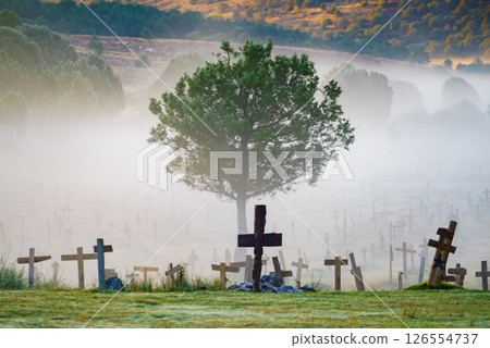 Haze in morning over Sad Hill Cemetery in Burgos, Spain 126554737