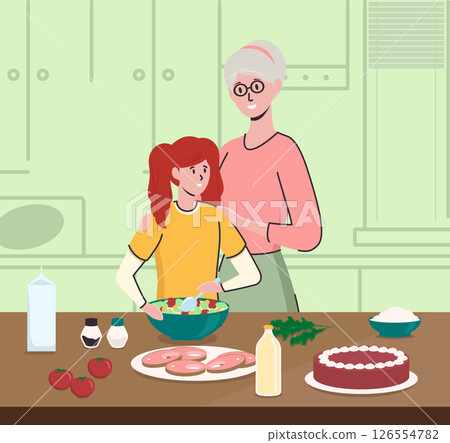 Cartoon Color Characters Grandma with Girl Cooking in Kitchen. Vector illustration of Leisure of Together Preparing Food Cartoon Color Characters Grandma with Girl Cooking in Kitchen. Vector illustration of Leisure of Together Preparing Food 126554782