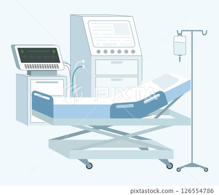Cartoon Color Hospital Bed, Heart Rate Monitor and Bag Infusion on a Stand Clinic Concept Flat Design Style. Vector illustration 126554786