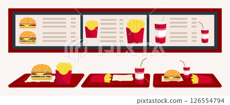 Cartoon Color Menu and Different Types Fast Food Set Concept Flat Design Style. Vector illustration of Burger and Soda on a Plastic Tray 126554794