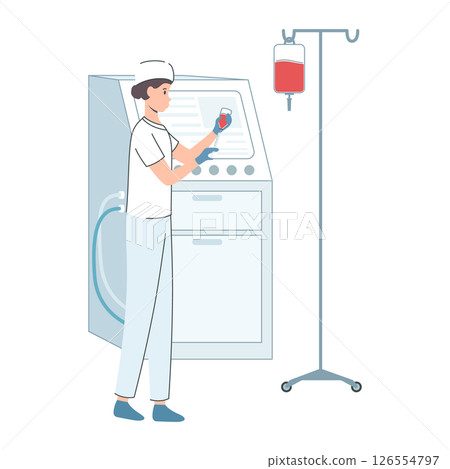 Cartoon Color Character Woman Medical Worker and Bag Infusion on a Stand Clinic Concept Flat Design Style. Vector illustration 126554797